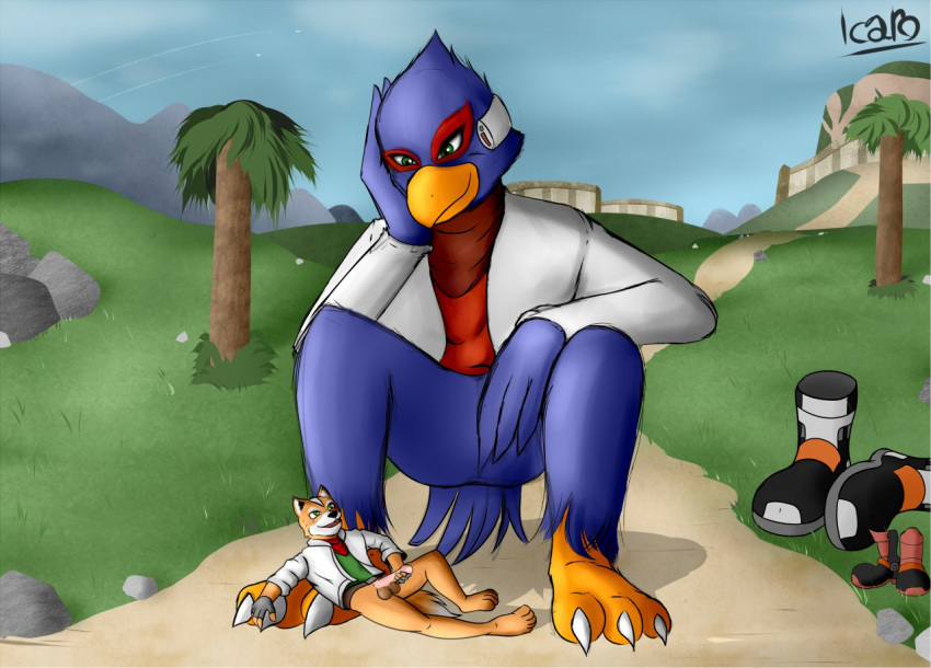 anthro avian bird bottomless canine claws clothed clothing difference domination falco_lombardi falcon feet fox fox_mccloud icarozilla macro male mammal masturbation micro nintendo nude paws penis shrink shrinking size soles star star_fox video_games