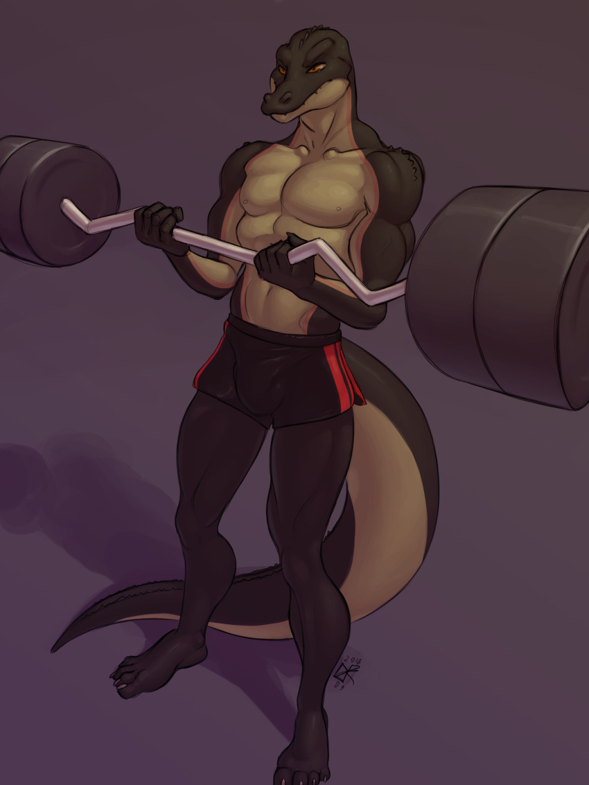 alligator anthro bulge clothed clothing crocodilian exercise ldr male muscular muscular_male nipples reptile scalie simple_background solo standing topless weightlifting workout