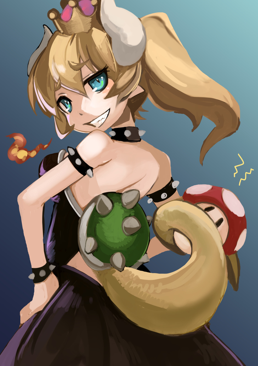 absurdres backless_dress backless_outfit bare_shoulders blonde_hair blue_eyes bowsette bracelet breasts collar commentary_request crown dress earrings from_behind grin highres horns jewelry large_breasts looking_at_viewer looking_back mario_(series) mushroom new_super_mario_bros._u_deluxe ponytail ruu_bot sharp_teeth shell smile solo spiked_bracelet spiked_collar spikes super_crown super_mushroom tail teeth