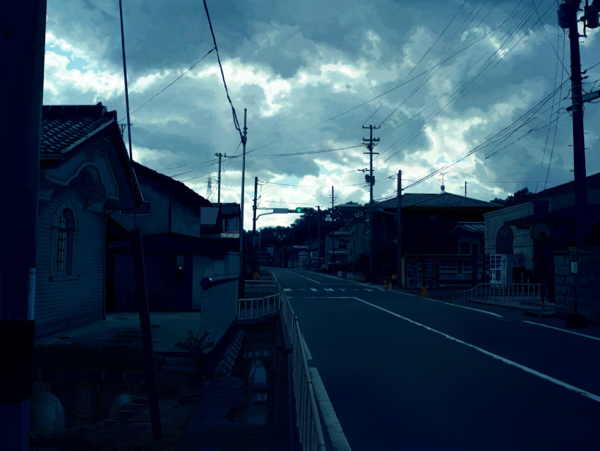 cloudy_sky day highres house mita_mitauzo no_humans original outdoors photorealistic power_lines railing road scenery sky stairs traffic_light