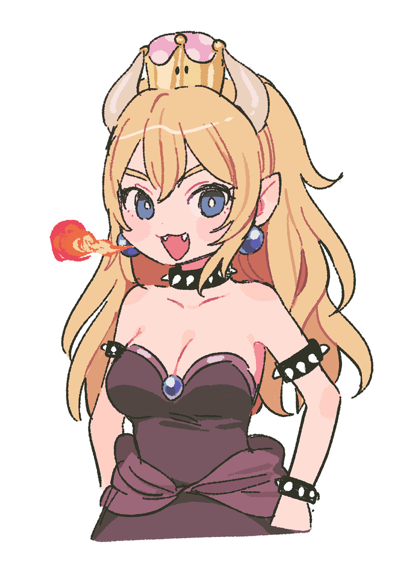 :3 :d armlet bare_arms bare_shoulders black_collar black_dress blonde_hair blue_earrings blue_eyes bowsette bracelet breasts breathing_fire cleavage collar cropped_torso crown dress earrings fire flame hands_on_hips highres horns jewelry long_hair looking_at_viewer mario_(series) medium_breasts new_super_mario_bros._u_deluxe nokanok open_mouth pointy_ears ponytail sharp_teeth simple_background smile solo spiked_armlet spiked_bracelet spiked_collar spikes strapless strapless_dress super_crown teeth thick_eyebrows upper_body white_background white_pupils