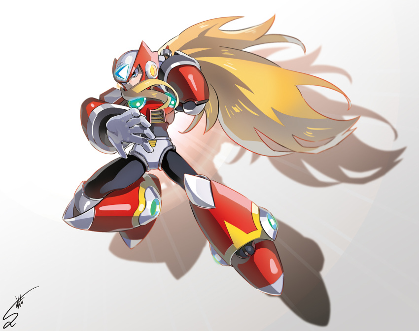 android blonde_hair blue_eyes full_body gloves helmet highres jumping long_hair male_focus rockman rockman_x shadow signature simple_background solo sumomo very_long_hair white_gloves zero_(rockman)