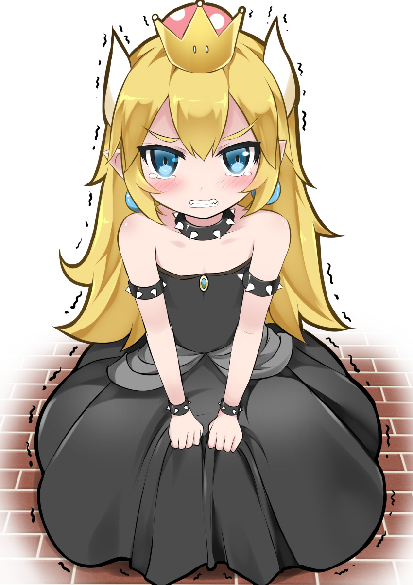 absurdres armlet bangs bare_shoulders black_dress blonde_hair blue_eyes blush bowsette bracelet brick_floor catstudioinc_(punepuni) clenched_teeth clothes_grab collar collarbone commentary crown dress earrings english_commentary eyebrows_visible_through_hair fangs flat_chest gem grey_sash highres horns jewelry long_dress long_hair looking_at_viewer mario_(series) motion_lines new_super_mario_bros._u_deluxe parted_bangs pointy_ears sapphire_(stone) sash scowl short_pointy_ears simple_background solo spiked_armlet spiked_bracelet spiked_collar spikes strapless strapless_dress super_crown tears teeth trembling v-shaped_eyebrows v_arms white_background younger