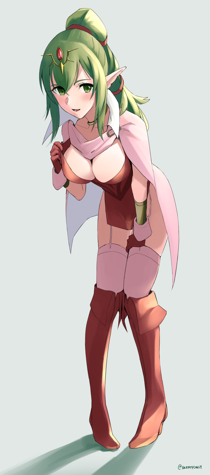 absurdres boots breasts cape chiki cleavage dress fire_emblem fire_emblem:_kakusei fire_emblem:_monshou_no_nazo full_body garter_straps gloves green_eyes green_hair grey_background hair_ribbon high_heel_boots high_heels highres knee_boots leaning_forward long_hair mamkute medium_breasts parted_lips pointy_ears ponytail red_dress red_footwear red_gloves ribbon short_dress simple_background skeptycally solo tiara twitter_username