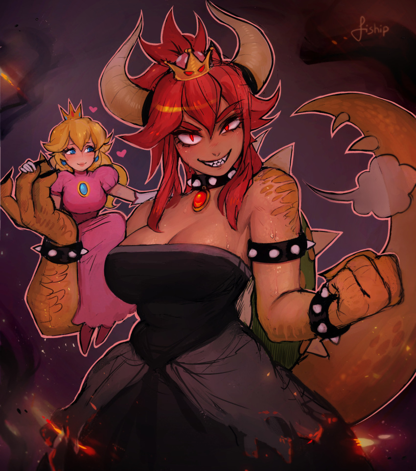 =3 alternate_color artist_name bare_shoulders black_dress black_nails blonde_hair blue_eyes bowsette bracelet breasts brooch carrying claws cleavage clenched_hand collar crown dark_skin dress earrings embers evil_smile eyebrows_visible_through_hair eyelashes fangs fewer_digits fire giantess gloves glowing glowing_eyes grin hair_between_eyes hand_on_another's_shoulder heart highres horns jewelry large_breasts long_hair looking_at_viewer mario_(series) matilda_vin mini_crown monster_girl multiple_girls nail_polish new_super_mario_bros._u_deluxe pink_dress pink_outline ponytail princess_peach puffy_short_sleeves puffy_sleeves red_eyes red_hair scales sharp_teeth short_sleeves simple_background sitting sitting_on_arm smile spiked_armlet spiked_bracelet spiked_collar spiked_shell spiked_tail spikes strapless strapless_dress super_crown super_mario_bros. sweat tail teeth thick_eyebrows turtle_shell uneven_eyes upper_body v-shaped_eyebrows white_gloves yuri