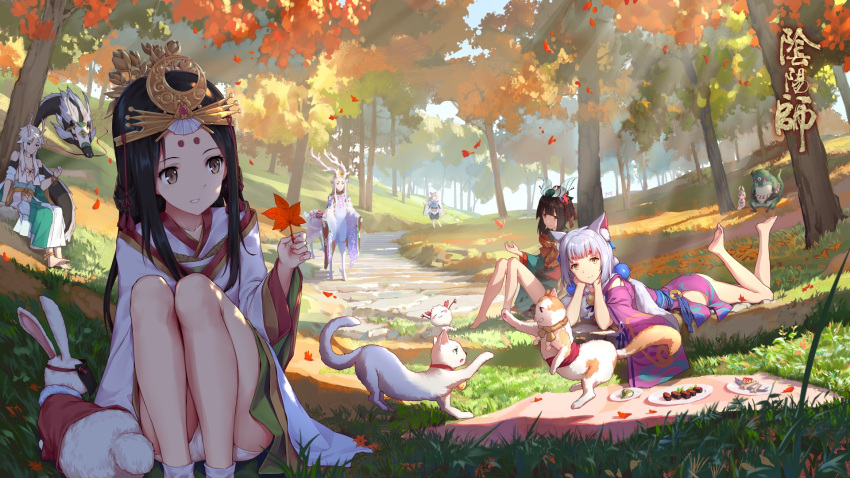 4girls androgynous animal animal_ears annotated antlers autumn autumn_leaves bangs barefoot black_hair blanket blunt_bangs bracelet brown_eyes bunny bunny_ears cat cat_ears centauroid day detached_sleeves dragon dragon_horns facial_mark forehead_mark forest hair_bobbles hair_ornament headdress highres horns ichimokuren_(onmyoji) japanese_clothes jewelry kaguya_(onmyoji) leaf long_hair looking_at_viewer lying multiple_boys multiple_girls mushishi_(onmyoji) nature nekookami on_ground on_stomach onmyoji outdoors panties pantyshot pantyshot_(squatting) picnic red_eyes road scenery shishio_(onmyoji) short_hair silver_hair sitting smile squatting standing tokinohimitsu underwear white_hair wide_sleeves yamausagi yellow_eyes yuki_douji_(onmyoji)