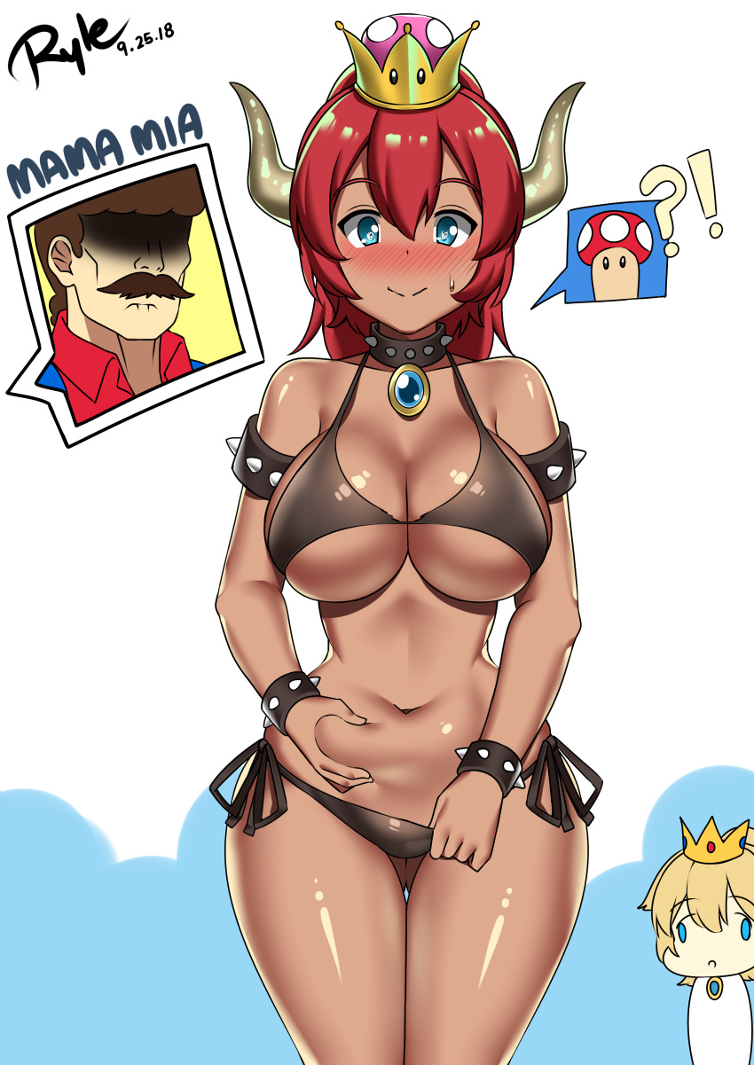 1boy 2girls absurdres alternate_color armlet ass_visible_through_thighs bangs bare_shoulders belly belly_grab bikini bikini_pull black_bikini blonde_hair blue_eyes blush bowsette bracelet breasts chibi cleavage closed_mouth collar collarbone collared_shirt cowboy_shot crown dark_skin dress earrings embarrassed eyebrows_visible_through_hair face_of_the_people_who_sank_all_their_money_into_the_fx faceless faceless_male facial_hair gem groin halter_top halterneck high_ponytail highres hips horns italian jewelry large_breasts legs_together light_smile looking_at_viewer mario mario_(series) micro_bikini multiple_girls mushroom mustache navel new_super_mario_bros._u_deluxe nose_blush parted_bangs ponytail princess_peach pulled_by_self red_hair red_shirt ruby_(stone) ryle sapphire_(stone) shaded_face shiny shiny_skin shirt sideboob signature simple_background skindentation slender_waist smile speech_bubble spiked_armlet spiked_bracelet spiked_collar spikes spoken_mushroom standing super_crown super_mario_bros. swimsuit thigh_gap thighs underboob weight_conscious white_background white_dress wide_hips