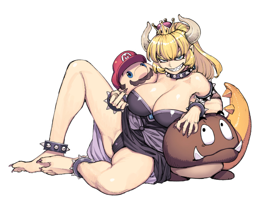 bare_shoulders barefoot blonde_hair blue_eyes bowsette bracelet breasts cleavage clenched_teeth collar commentary_request crown feet goomba hamada_yoshikazu highres horns jewelry large_breasts legs looking_at_viewer mario mario_(series) middle_finger new_super_mario_bros._u_deluxe ponytail sharp_teeth short_hair simple_background smile soles spiked_anklet spiked_armlet spiked_bracelet spiked_collar spikes super_crown super_mario_bros. tail teeth toes white_background