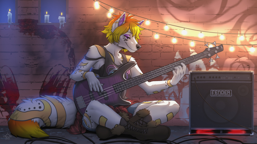 2018 5_fingers anthro bass black_nose breasts canine clothed clothing detailed_background digital_media_(artwork) ear_piercing eyelashes female fur gradient_hair kero_tzuki mammal musical_instrument piercing purple_eyes sitting smile solo white_fur wolf