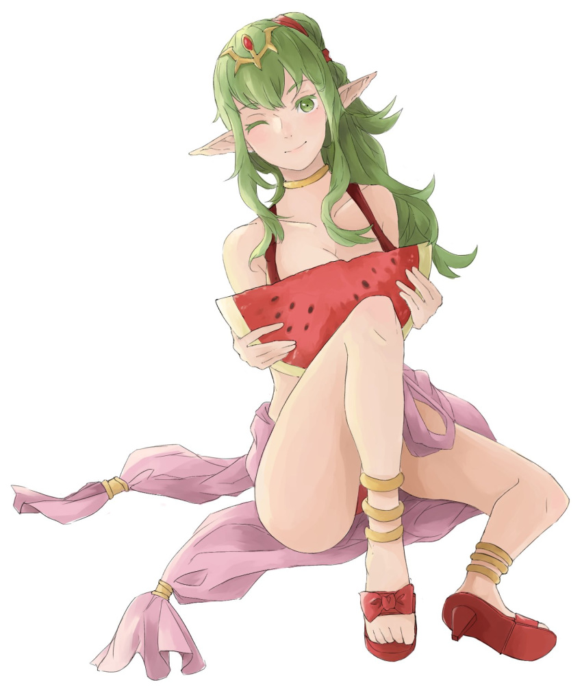 anklet breasts chiki cleavage closed_mouth commentary_request fire_emblem fire_emblem:_kakusei fire_emblem:_monshou_no_nazo fire_emblem_heroes food fruit green_eyes green_hair highres jewelry long_hair mamkute one_eye_closed pointy_ears ponytail sakuuremi sandals simple_background sitting smile solo swimsuit tiara watermelon white_background