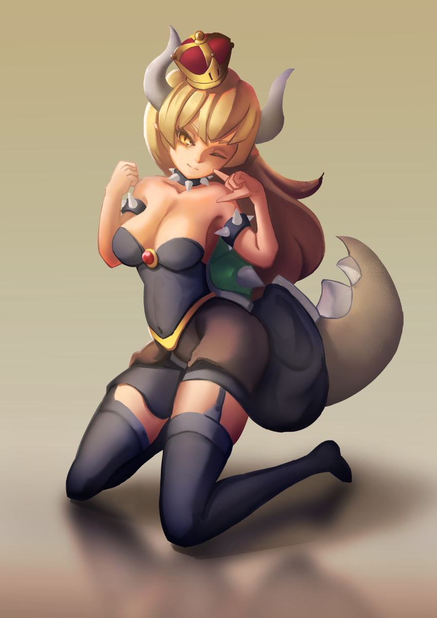 absurdres bare_shoulders blonde_hair blue_eyes bowsette bracelet breasts chise_huixing_denixi cleavage collar commentary_request crown dress earrings highres horns jewelry large_breasts looking_at_viewer mario_(series) new_super_mario_bros._u_deluxe one_eye_closed ponytail sharp_teeth solo spiked_bracelet spiked_collar spikes super_crown teeth