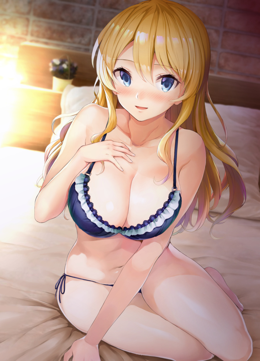 alternate_hairstyle arm_support bangs bare_legs barefoot bed blonde_hair blue_bra blue_eyes blue_panties blurry blurry_background blush bra breasts chacharan cleavage collarbone commentary_request darjeeling depth_of_field eyebrows_visible_through_hair girls_und_panzer hair_down hand_on_own_chest highres indoors large_breasts long_hair looking_at_viewer navel on_bed panties side-tie_panties sidelocks sitting smile solo string_panties swept_bangs thighs underwear underwear_only yokozuwari