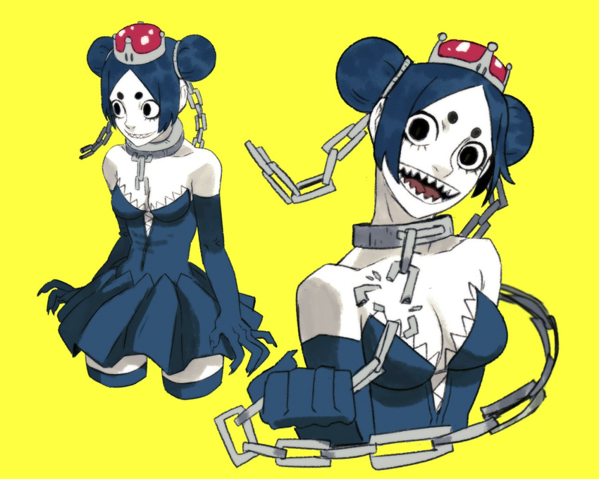 bare_shoulders black_dress black_eyes black_hair black_legwear breasts broken broken_chain chain claws cleavage collar collarbone commentary cropped_legs double_bun dress elbow_gloves english_commentary eyelashes gloves highres jbbetz mario_(series) multiple_views new_super_mario_bros._u_deluxe pale_skin princess_chain_chomp sharp_teeth simple_background small_breasts strapless strapless_dress super_crown super_mario_bros. teeth thick_eyebrows thighhighs upper_body yellow_background