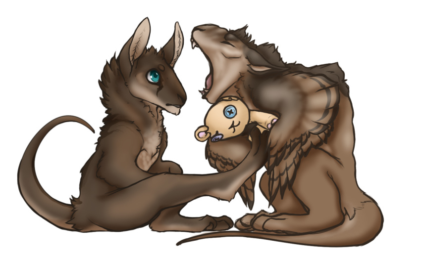 2018 ambiguous_gender artist barefoot blue_eyes button_eyes caribeld chest_tuft chimera concern cub detailed digital_media_(artwork} feathers female fight fluffy_ears fur hybrid male mane multiple_character open_mouth plushie screm stripes teal_eyes tuft wrigglingwyvern young