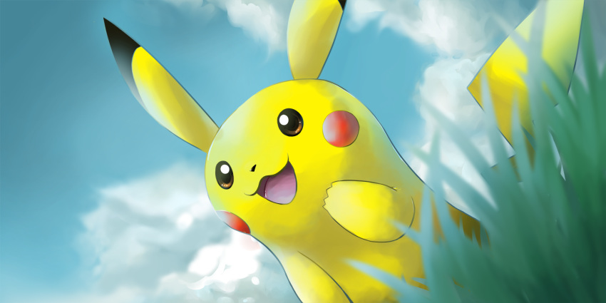 2014 2:1 ambiguous_gender brown_eyes digital_drawing_(artwork) digital_media_(artwork) dipstick_ears dutch_angle grass nintendo nintendo-jr open_mouth open_smile pikachu pok&eacute;mon pok&eacute;mon_(species) red_cheeks sky smile solo standing video_games yellow_body