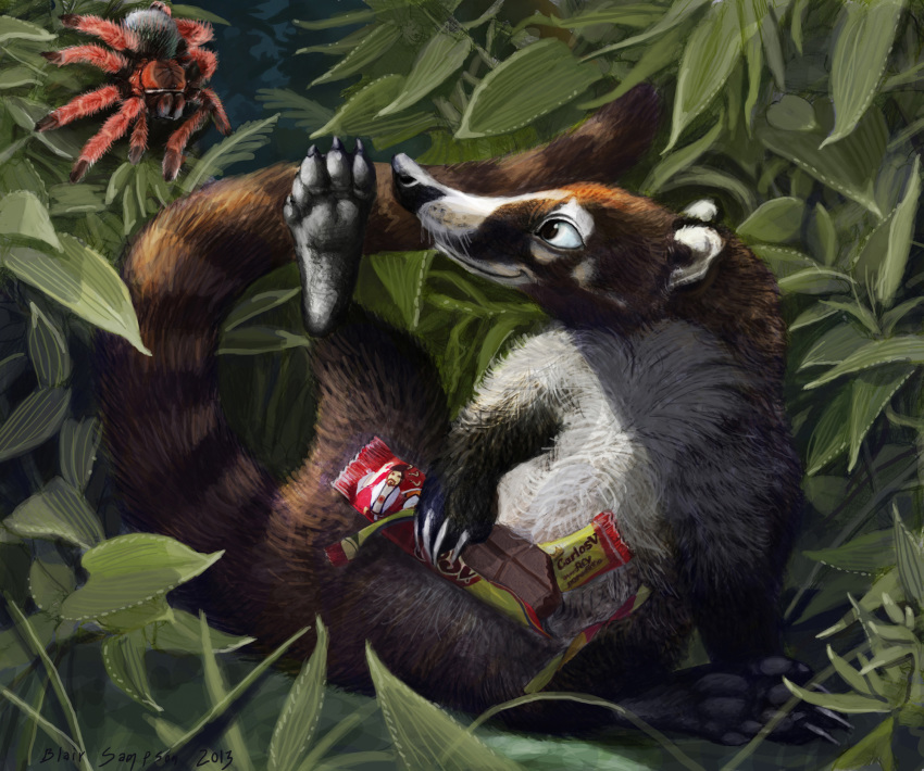 2013 4_fingers 5_toes 8_legs abdomen ambiguous_gender arachnid arthropod black_claws black_eyes black_nose brown_fur candy carlos_v_(chocolate_bar) chocolate chocolate_bar claws coati countershade_face countershade_torso countershading cute digital_media_(artwork) digital_painting_(artwork) duo facial_markings featureless_crotch feral food fur hi_res holding_food holding_object leaf lighting long_snout long_tail looking_at_another mammal markings multi_leg multi_limb multicolored_fur muzzle_scabs nature nestl&eacute; orange_fur outside procyonid psithyrus quadruped raised_leg reclining red_fur ringtail shadow size_difference smile snout socks_(marking) soles spider tarantula toe_claws toes two_tone_fur whiskers white-nosed_coati white_countershading white_fur white_markings wrapper
