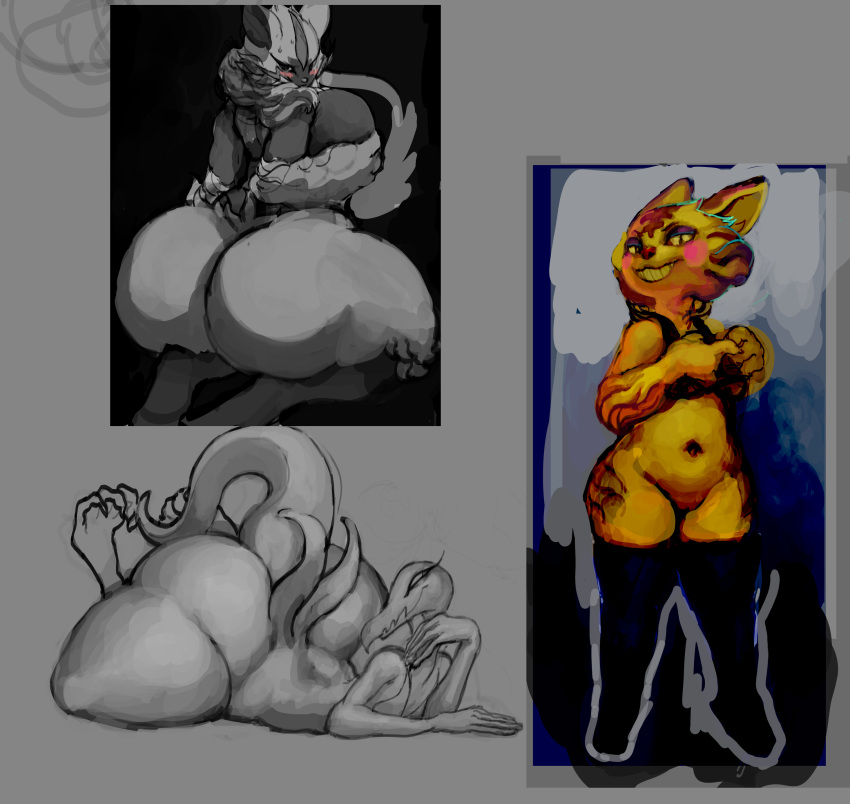 animal_crossing anthro big_breasts big_butt blush breasts butt cat feline female fleshtotem fur mammal nintendo pok&eacute;mon pok&eacute;mon_(species) reptile salazzle scalie tabby_(animal_crossing) tabby_cat video_games zeraora