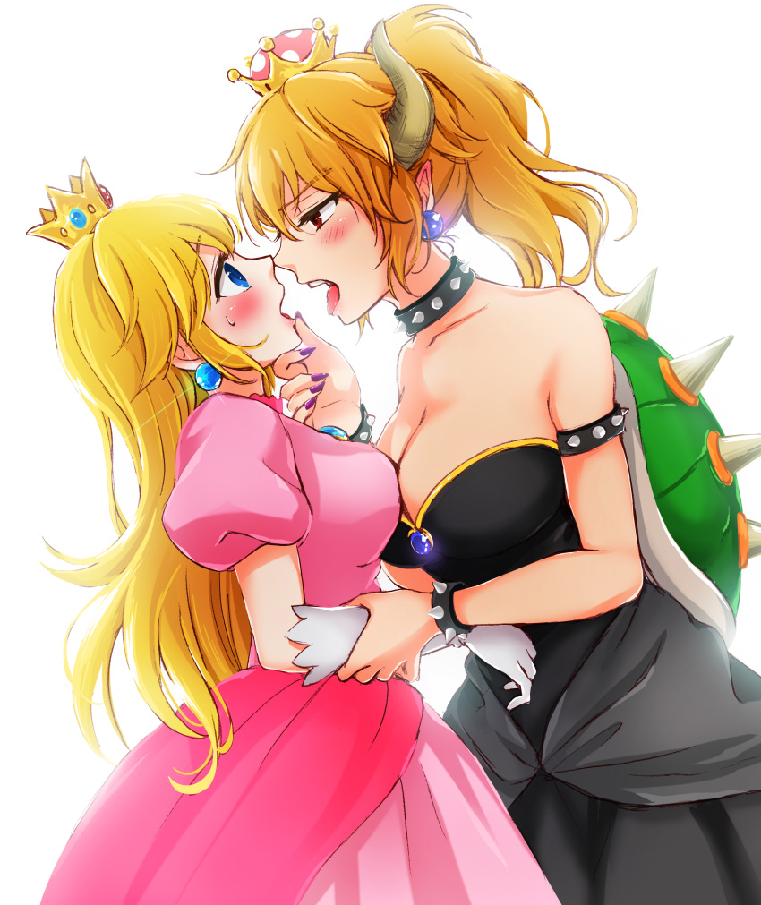 absurdres arm_grab assertive asymmetrical_docking bare_shoulders black_dress blonde_hair blue_eyes bowsette breast_press breasts chin_grab cleavage commentary crown dress earrings eye_contact face-to-face finger_to_chin from_side half-closed_eyes highres imminent_kiss jewelry large_breasts long_hair looking_at_another mario_(series) medium_breasts multiple_girls nail_polish nanashiki_fuuka new_super_mario_bros._u_deluxe open_mouth pink_dress pointy_ears ponytail princess princess_peach puffy_short_sleeves puffy_sleeves red_eyes short_sleeves simple_background sleeveless sleeveless_dress super_crown super_mario_bros. sweatdrop tongue tongue_out white_background yuri