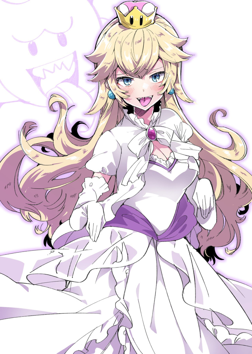 aqua_eyes bangs blonde_hair blue_earrings blush boo breasts brooch cleavage commentary_request crossed_bangs crown dress earrings ears elbow_gloves eyebrows eyebrows_visible_through_hair frilled_dress frilled_gloves frills ghost ghost_pose gloves highres jewelry long_hair looking_at_viewer luigi's_mansion mario_(series) new_super_mario_bros._u_deluxe open_mouth princess princess_king_boo see-through sharp_teeth solo standing super_crown super_mario_bros. takeshima_(nia) teeth tongue tongue_out white_background white_dress white_gloves