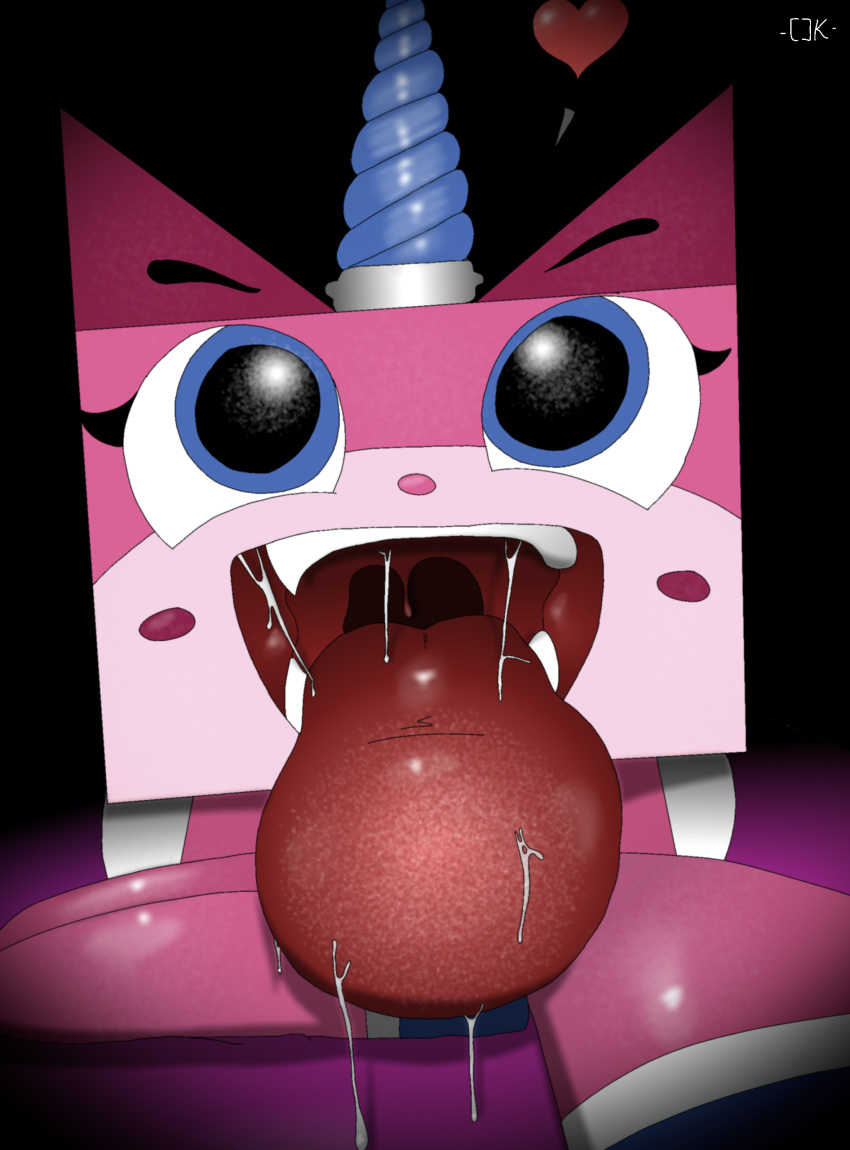 &lt;3 big_tongue cartoon_network dark_background drooling feline female first_person_view fur imminent_vore lego long_tongue mammal mouth_shot pink_fur saliva shiny solo story story_in_description the_lego_movie theunokcringe tongue unikitty vore