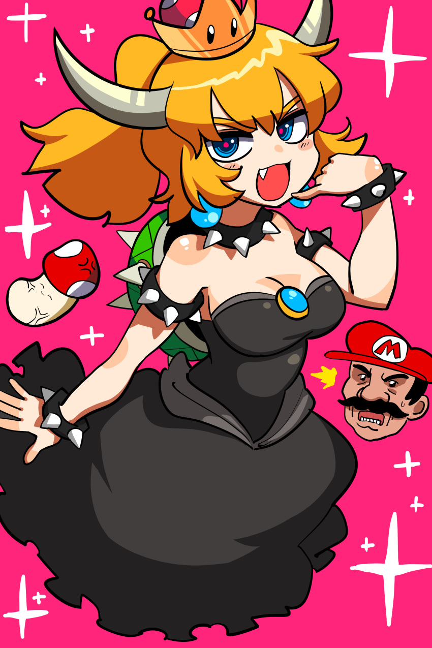 :d absurdres armlet bangs bare_shoulders black_collar black_dress blonde_hair blue_eyes bowsette bracelet breasts brooch cleavage collar crown dress earrings fang hand_up highres horns jewelry lkll long_hair mario mario_(series) medium_breasts mushroom new_super_mario_bros._u_deluxe open_mouth pink_background pink_pupils pinky_out ponytail sexually_suggestive smile solo sparkle spiked_armlet spiked_bracelet spiked_collar spikes strapless strapless_dress super_crown turtle_shell v-shaped_eyebrows