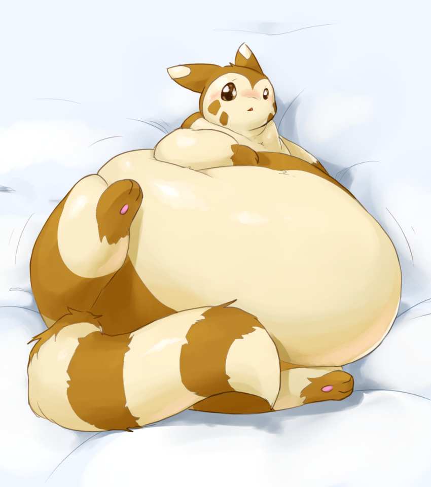 2018 ambiguous_gender bed belly big_belly blush furret hyper hyper_belly lying mammal morbidly_obese nintendo obese on_back on_bed overweight pok&eacute;mon pok&eacute;mon_(species) solo veiukket video_games