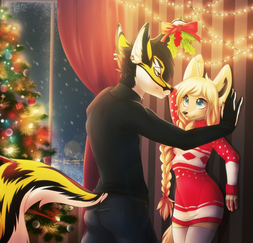 anthro blue_eyes canine christmas clothed clothing dannyckoo fox green_eyes hi_res holidays holly_(plant) mammal plant smile snow sweater tree wolf