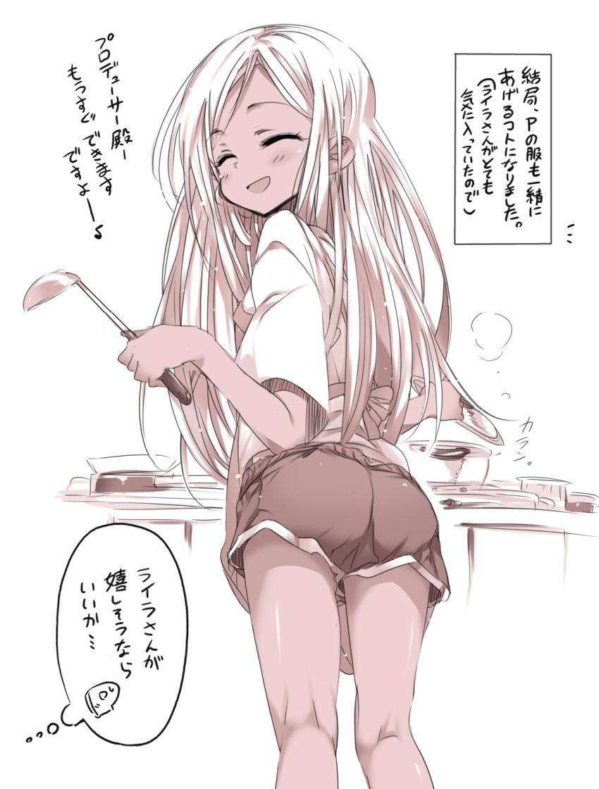 :d ^_^ alabaster_(artist) apron closed_eyes commentary_request cooking facing_back highres idolmaster idolmaster_cinderella_girls kitchen kneepits ladle layla_(idolmaster) long_hair monochrome open_mouth p-head_producer pot sepia short_sleeves shorts smile translation_request