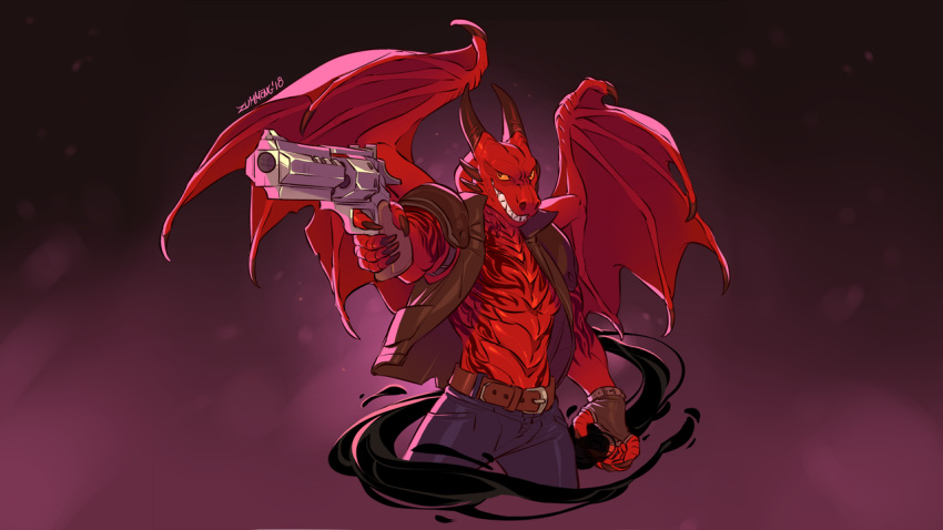2018 5_fingers abs anthro belt claws clothed clothing cygnis_flayinthere digital_media_(artwork) doom dragon fangs gloves gun guncaster handgun holding_object holding_weapon horn jacket legwear magic magic_user male membranous_wings muscular muscular_male pants pecs pistol ranged_weapon red_scales reptile revolver scales scalie sharp_teeth smile smoke solo spell standing tattoo teeth video_games weapon western_dragon wings yellow_eyes zummeng
