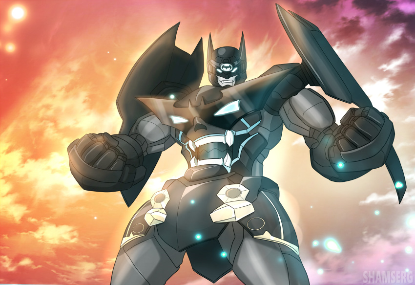 bat batman batman_(series) blue_eyes crossover dc_comics glowing glowing_eyes gurren-lagann highres insignia mecha no_humans robot shamserg shoulder_armor super_robot tengen_toppa_gurren_lagann visor