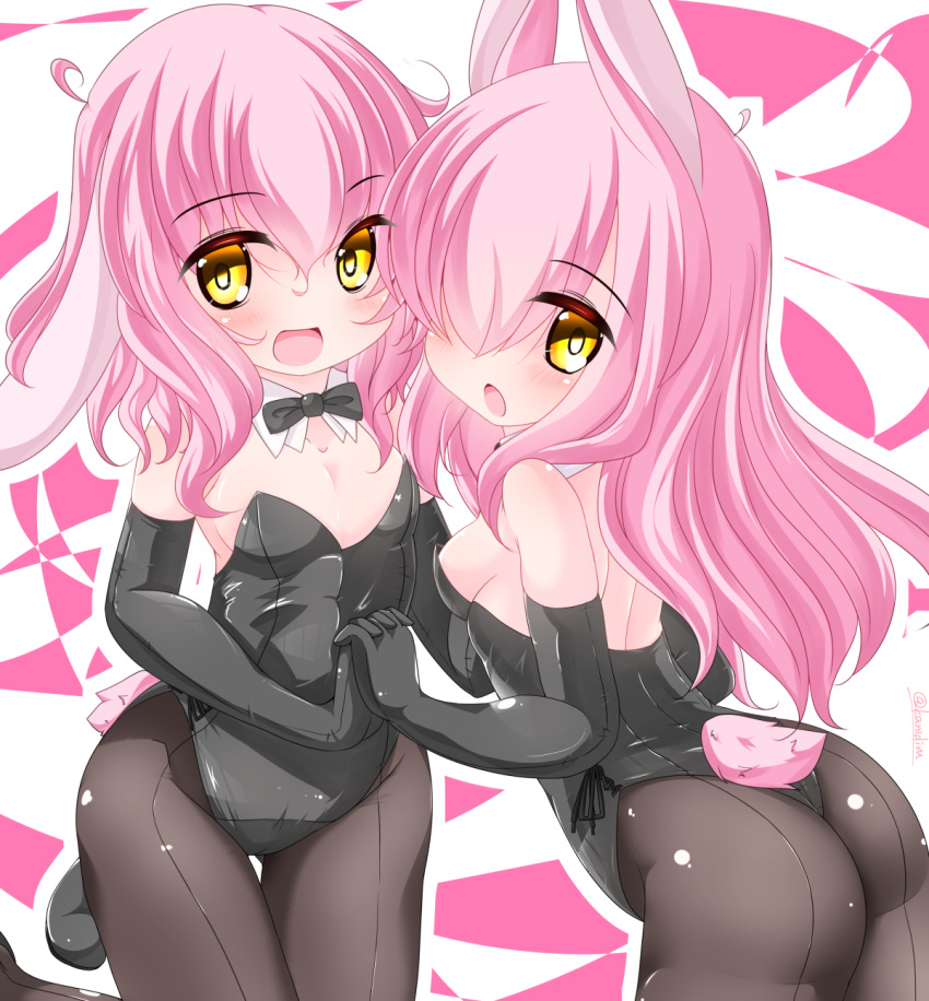 :d :o animal_ears ass bangs bare_shoulders black_gloves black_leotard black_neckwear blush bow bowtie breasts brown_legwear bunny_ears bunny_girl bunny_tail bunnysuit commentary_request detached_collar elbow_gloves eyebrows_visible_through_hair gloves hair_between_eyes hair_over_one_eye highres holding_hands interlocked_fingers kanijiru leaning_forward leotard long_hair medium_breasts multiple_girls open_mouth original pantyhose pink_hair small_breasts smile strapless strapless_leotard tail twitter_username very_long_hair white_collar yellow_eyes
