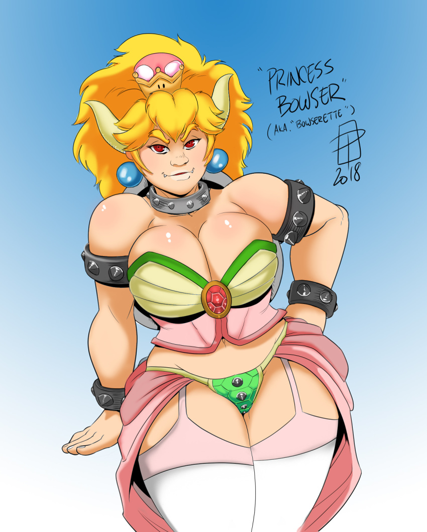 2018 animal_humanoid armband big_breasts blonde_hair bowser bowsette_meme breasts choker clothing corset digital_media_(artwork) ear_piercing fangs female garter_straps hair hi_res horn humanoid koopa legwear light_skin lingerie looking_at_viewer mario_bros nintendo oddrich piercing red_eyes scalie smile solo spikes standing super_crown thick_thighs thigh_highs video_games