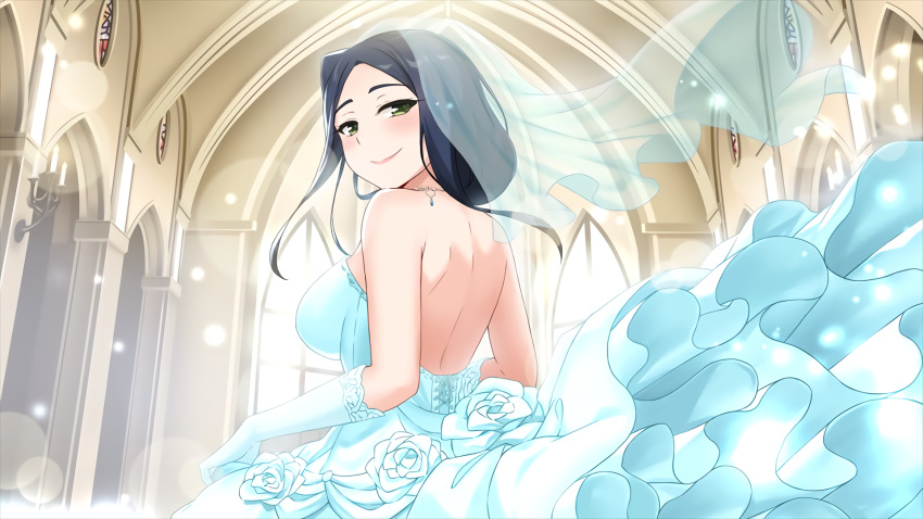 artist_request bare_shoulders birthday black_hair blue_dress blush breasts bride candle closed_mouth commentary dress from_side fuma_lily game_cg gloves green_eyes happy_birthday highres indoors large_breasts looking_at_viewer looking_back moe!_ninja_girls official_art resized self_upload smile solo strapless strapless_dress third-party_edit upscaled wedding wedding_dress window