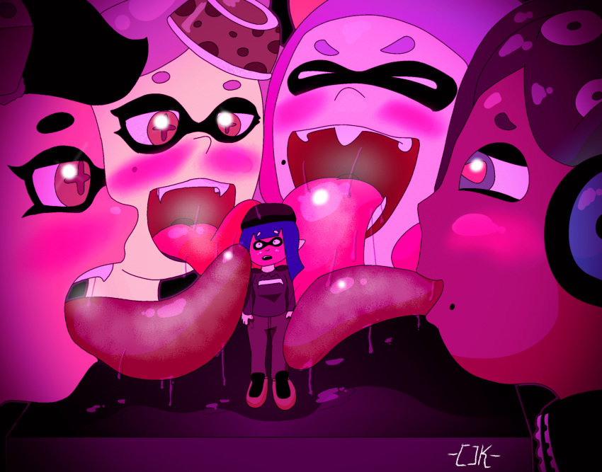 big_tongue black_background black_hair black_skin blue_eyes blue_hair blush breath callie_(splatoon) clothed clothing drooling female grey_hair grey_pants grey_shirt hair hat headphones hyper_tongue imminent_vore inkling licking long_tongue macro mammal marie_(splatoon) marina_(splatoon) micro micro_on_macro mole mouth_shot multicolored_hair nintendo octoling off_the_hook_(splatoon) open_mouth pearl_(splatoon) saliva shiny simple_background size_difference splatoon splatoon_2 squid_sisters_(splatoon) theunokcringe tongue tongue_out two_tone_hair video_games vore wet white_skin yellow_eyes