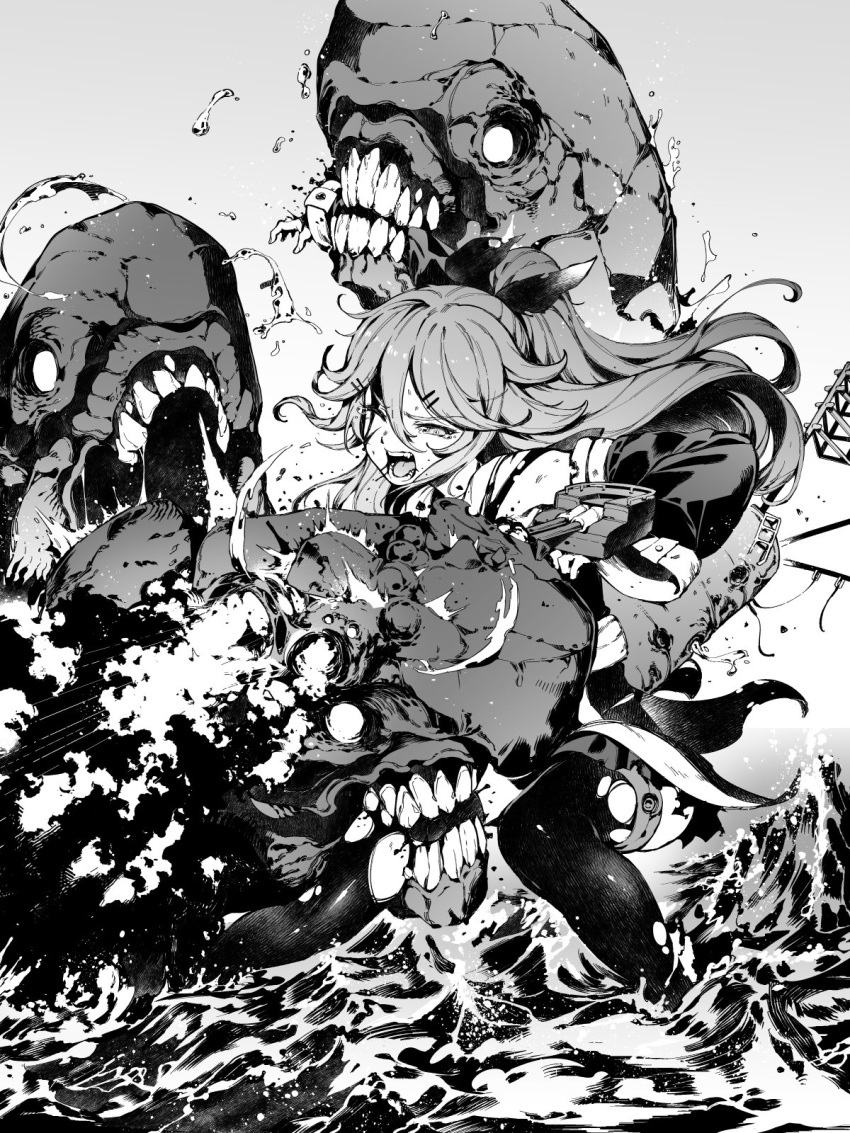 1girl bacius battle biting blood blood_from_mouth cannon damaged detached_sleeves firing highres i-class_destroyer injury kantai_collection long_hair machinery monochrome neckerchief open_mouth pleated_skirt ponytail rigging school_uniform skirt thighhighs turret water yamakaze_(kantai_collection)