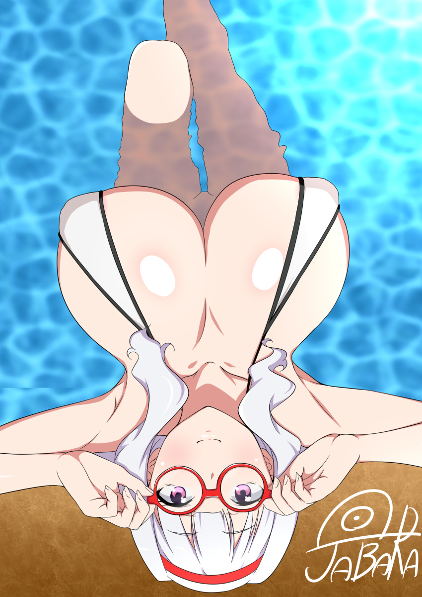 absurdres bikini breasts cleavage collarbone covered_nipples from_above glasses hairband highres huge_breasts idolmaster idolmaster_(classic) jabara_tornado long_hair looking_at_viewer pool purple_eyes red-framed_eyewear shijou_takane signature smile solo swimsuit white_bikini