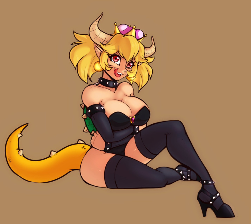 2018 alternate_species animal_humanoid armwear blonde_hair bowser bowsette_meme breasts cleavage clothed clothing collar crossgender digital_media_(artwork) ear_piercing female footwear hair hi_res high_heels horn humanoid humanoidized legwear licking licking_lips looking_at_viewer mario_bros nintendo piercing pointy_ear scorpdk shoes simple_background solo super_crown tongue tongue_out video_games