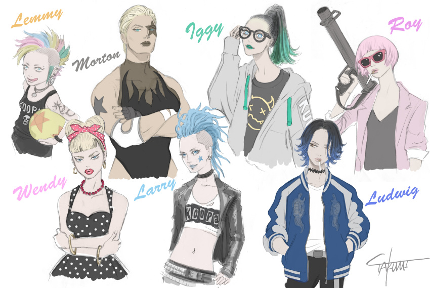 bazooka blonde_hair blue_hair bracelet casual cigarette commentary_request contemporary crossed_arms dress genderswap genderswap_(mtf) glasses green_hair hands_in_pockets highres iggy_koopa jacket jewelry larry_koopa leather leather_jacket lemmy_koopa lipstick ludwig_von_koopa makeup mario_(series) midriff morton_koopa_jr. multiple_girls necklace pearl_necklace personification pink_hair polka_dot polka_dot_dress roy_koopa takumi_(marlboro) tattoo undercut weapon wendy_o._koopa