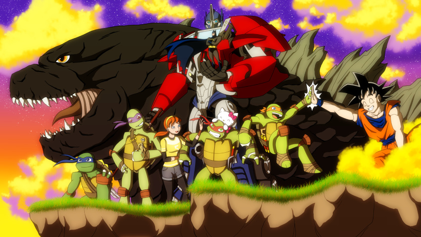 6+boys animal_ears april_o'neil atomic-chinchilla autobot batman batman_(series) black_cape breasts brown_hair cape cat_ears cat_tail crossed_arms crossover dc_comics donatello dougi dragon_ball dragon_ball_(classic) dragon_ball_super dragon_ball_z flying_nimbus gloves godzilla godzilla:_king_of_the_monsters godzilla_(2014) godzilla_(series) headgear hello_kitty highres insignia kaijuu katana kitty leonardo machine machinery mask mecha michelangelo monster multiple_boys multiple_girls muscle ninja nunchaku optimus_prime orange_eyes raphael robot sai_(weapon) scales science_fiction sharp_teeth short_hair son_gokuu spiked_hair staff superhero sword tail teenage_mutant_ninja_turtles teeth transformers transformers_prime turtle weapon wristband