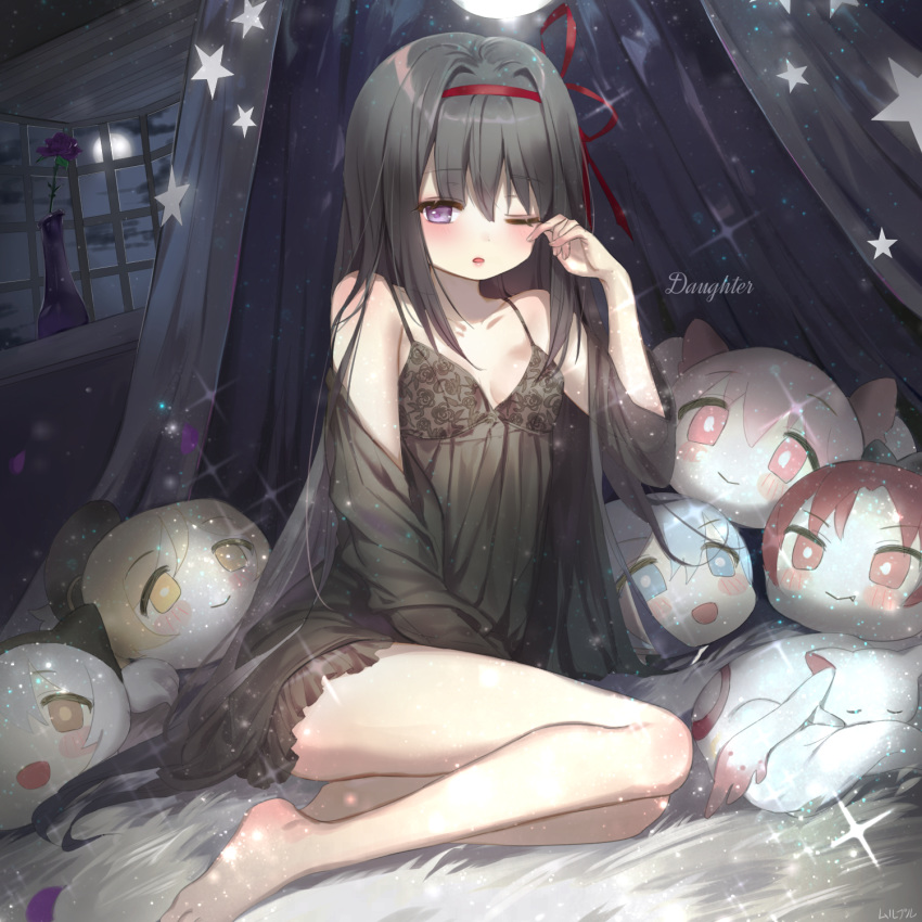 akemi_homura barefoot bed black_bra black_hair black_nightgown blush bra breasts character_pillow cloud commentary curtains english eyebrows_visible_through_hair flower hair_ribbon highres indoors kaname_madoka kyubey light_particles long_hair looking_at_viewer mahou_shoujo_madoka_magica mahou_shoujo_madoka_magica_movie miki_sayaka momoe_nagisa moon mullpull night night_sky nightgown one_eye_closed open_mouth purple_eyes purple_flower purple_rose red_ribbon ribbon rose rubbing_eyes sakura_kyouko see-through sitting sky sleeping small_breasts sparkle star thighs tomoe_mami underwear vase very_long_hair watermark window