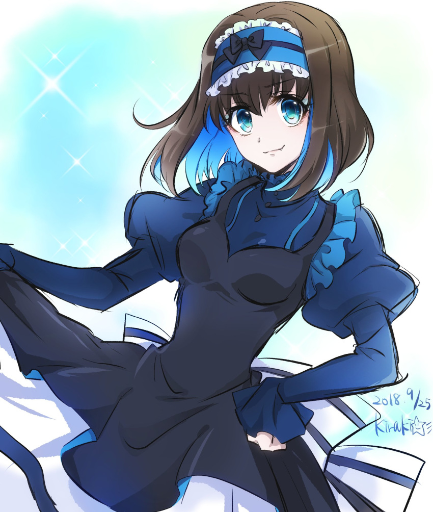 artist_name black_hair blue_dress blue_eyes blue_hair bow dated dress fang fang_out garie_tuman hairband hand_on_hip highres kiraki long_sleeves looking_at_viewer multicolored_hair pale_skin puffy_sleeves senki_zesshou_symphogear short_hair signature smile solo two-tone_hair upper_body