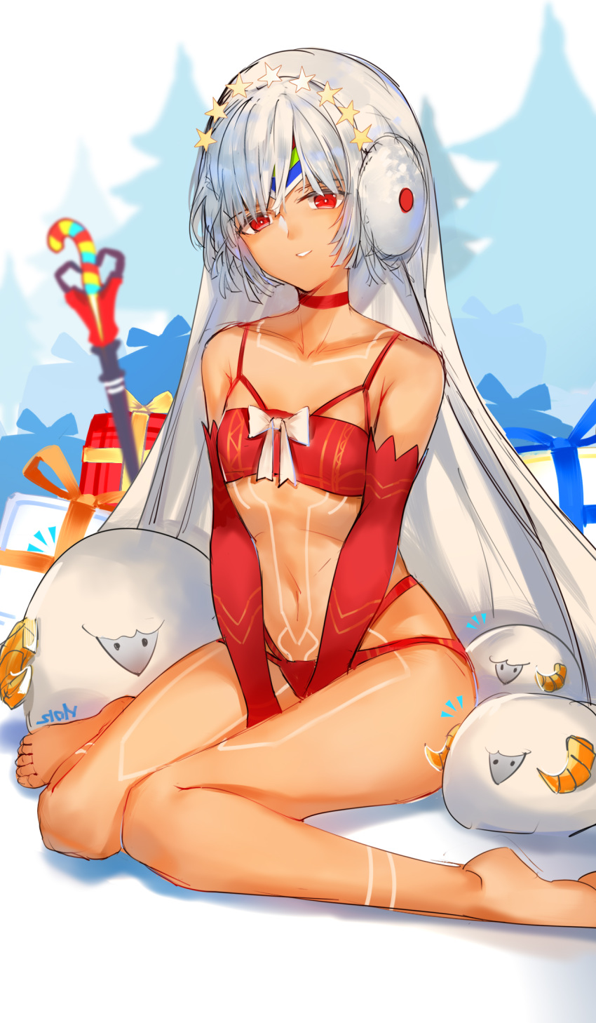 altera_(fate) altera_the_santa animal bangs bare_legs bare_shoulders breasts choker christmas_tree commentary dark_skin detached_sleeves earmuffs fate/grand_order fate_(series) feet full_body full_body_tattoo gift hair_ornament highres hips horz legs looking_at_viewer midriff mittens navel parted_lips photon_ray red_eyes revealing_clothes seiza sheep short_hair sitting small_breasts smile solo star stomach tan tattoo thighs veil weapon white_hair