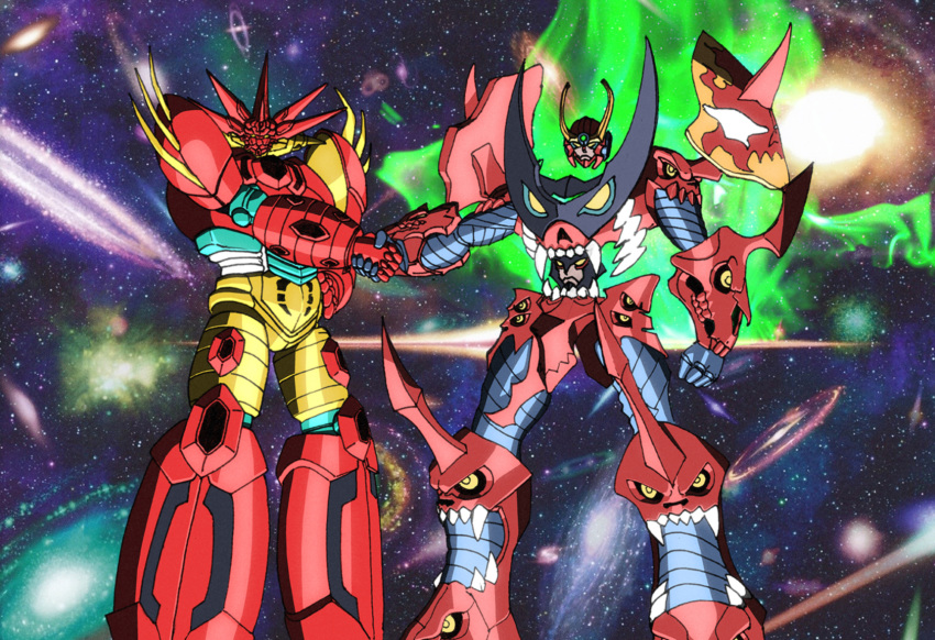 crossover extra_eyes extra_mouth galaxy getter-emperor getter_rays getter_robo getter_robo_g getter_robo_go glowing glowing_eyes handshake highres horn horns mecha new_getter_robo no_humans robot shin_getter_robo shoulder_blades space spiral_power super_robot tengen_toppa_gurren-lagann_(mecha) tengen_toppa_gurren_lagann type_x weapon yellow_eyes