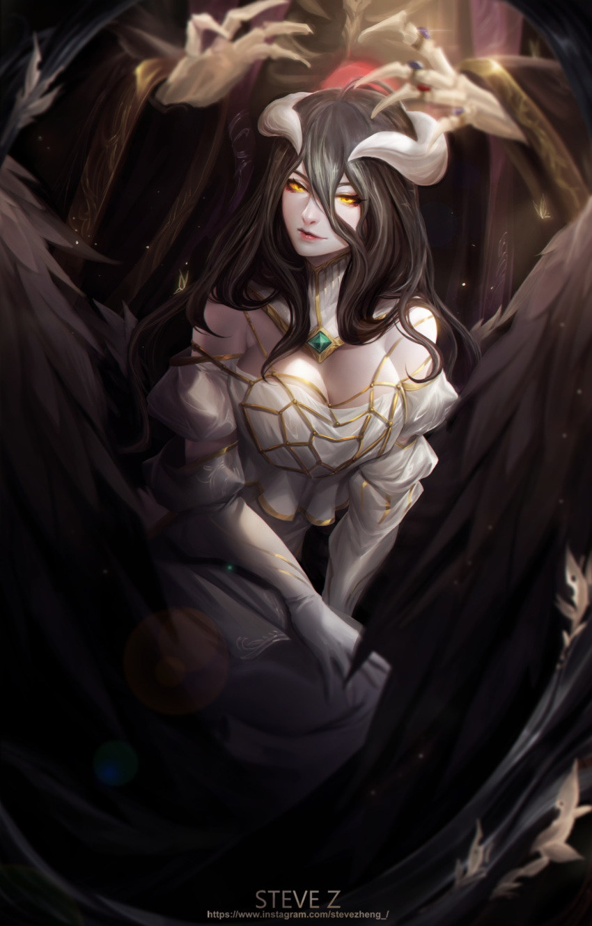 ainz_ooal_gown albedo artist_name black_feathers black_hair black_wings breasts cleavage cloak commentary demon_girl demon_horns demon_wings detached_collar dress english_commentary feathers gloves hair_between_eyes highres horns jewelry large_breasts long_hair looking_at_viewer low_wings overlord_(maruyama) red_lips ring robe skeleton steve_zheng white_dress white_gloves wings yellow_eyes