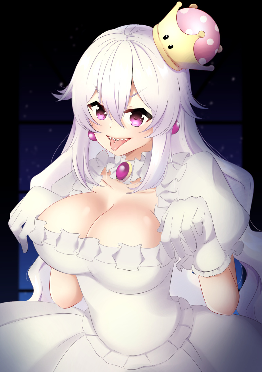 absurdres bangs blush breasts brooch cleavage collarbone crown dress earrings eyebrows_visible_through_hair ghost_pose gloves hair_between_eyes highres jewelry kiri-konn large_breasts looking_at_viewer luigi's_mansion mario_(series) new_super_mario_bros._u_deluxe night princess_king_boo puffy_sleeves purple_eyes solo super_crown teeth tongue tongue_out white_dress white_gloves white_hair