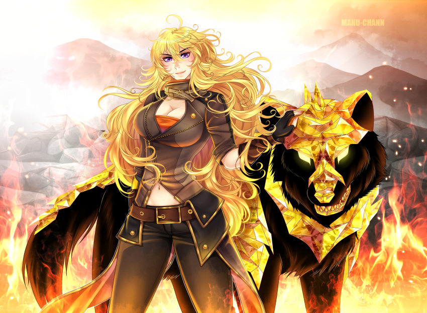 1girl ahoge animal belt black_gloves blonde_hair boots breasts brown_jacket brown_pants buckle cleavage crystal fingerless_gloves fire gloves gold golden grimm highres jacket large_breasts long_hair manu-chann midriff mountain no_pupils orange_scarf pants pet prosthesis prosthetic_arm puffy_short_sleeves puffy_sleeves purple_eyes rock rwby scarf shirt short_sleeves smile strapless tubetop waist_cape wavy_hair wolf yang_xiao_long yellow_eyes yellow_shirt