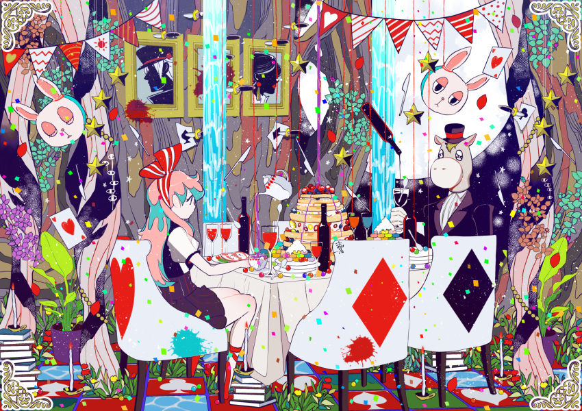 1girl ace_of_hearts animal_head aqua_hair black_hat book bunny candle card chair club_(shape) diamond_(shape) floating floating_object food hat hat_ribbon heart highres knife leaf liquid long_hair magatan multicolored_hair original pink_hair plant playing_card potted_plant profile red_footwear red_ribbon ribbon short_sleeves spade_(shape) spoon star tablecloth teapot two-tone_hair