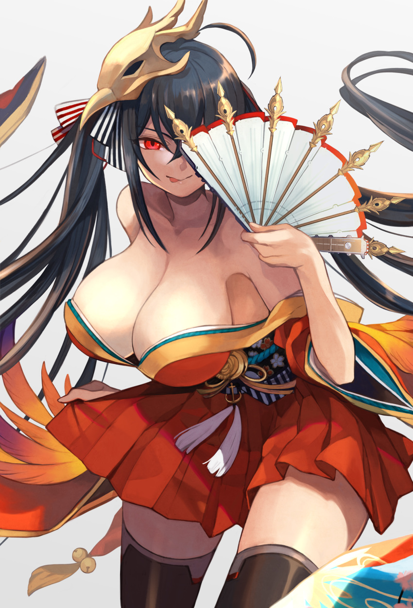 :q ahoge anchor_symbol azur_lane bangs bare_shoulders black_hair black_legwear blush breasts cleavage collarbone commentary_request eyebrows_visible_through_hair fan feathers floating_hair folding_fan gold_trim grey_background hair_between_eyes hair_ornament hair_ribbon highres holding holding_fan huge_breasts japanese_clothes kimono large_breasts long_hair looking_at_viewer mask mask_on_head obi one_eye_covered red_eyes red_kimono ribbon sash short_kimono short_yukata sidelocks simple_background smile solo taihou_(azur_lane) tassel thighhighs tongue tongue_out twintails very_long_hair wide_sleeves yukata yuuko_(elmo)