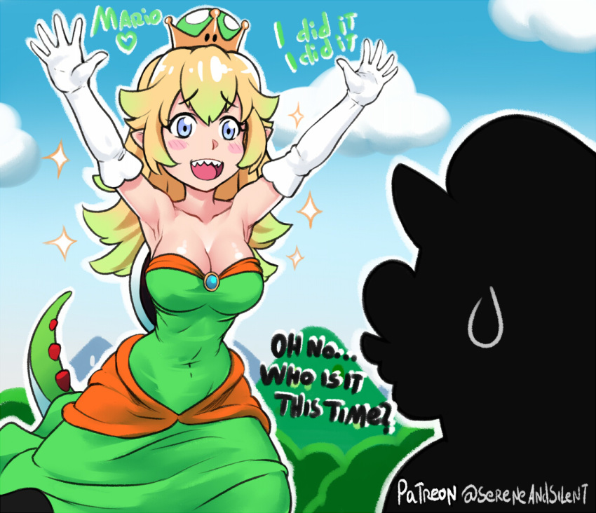 1girl arms_up bare_shoulders blonde_hair blue_eyes blush_stickers breasts cleavage cloud collarbone commentary crown day dress elbow_gloves english gloves gradient_hair green_dress large_breasts mario mario_(series) multicolored_hair new_super_mario_bros._u_deluxe pointy_ears saliva sereneandsilent sharp_teeth silhouette smile sparkle super_crown super_mario_bros. sweatdrop tail teeth yoshi