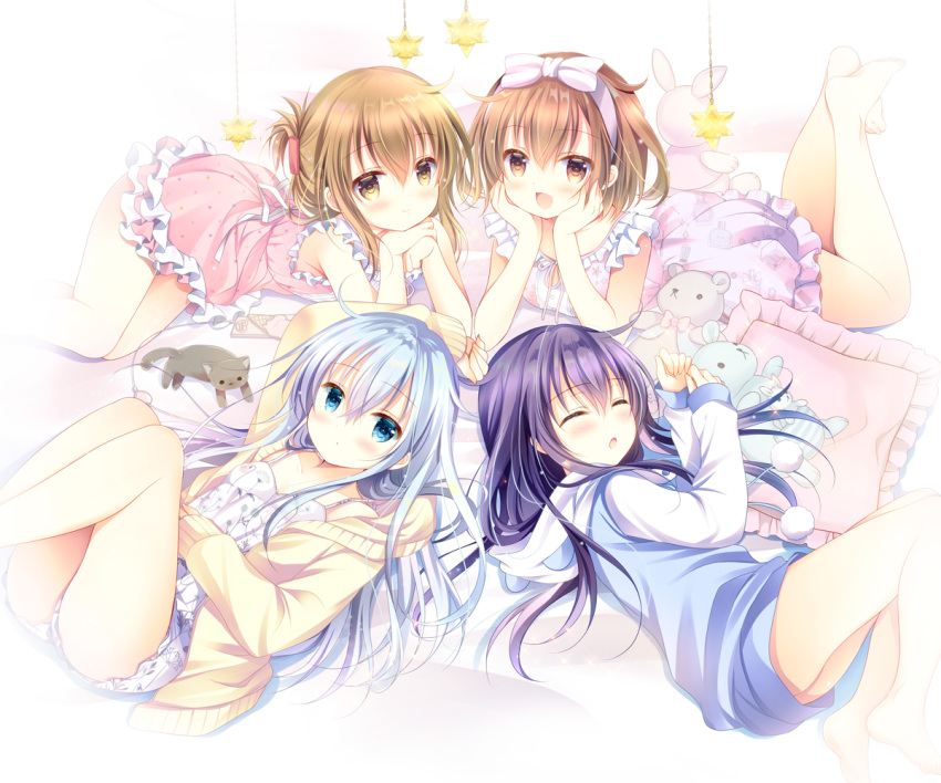 4girls :d :o akatsuki_(kantai_collection) arm_up ass bangs bare_arms bare_shoulders blue_eyes blue_hair blue_jacket blush bow brown_eyes brown_hair camisole chin_rest closed_mouth commentary_request dress eyebrows_visible_through_hair eyes_closed folded_ponytail frilled_pillow frills hair_between_eyes hair_bow hands_on_own_cheeks hands_on_own_face hibiki_(kantai_collection) hood hood_down hooded_jacket ikazuchi_(kantai_collection) inazuma_(kantai_collection) jacket kantai_collection long_hair long_sleeves looking_at_viewer lying multiple_girls on_back on_side on_stomach open_mouth parted_lips pillow pink_dress pom_pom_(clothes) purple_hair shirogane_hina short_shorts shorts sleeveless sleeveless_dress sleeves_past_wrists smile stuffed_animal stuffed_bunny stuffed_toy teddy_bear very_long_hair white_bow white_camisole white_shorts yellow_jacket